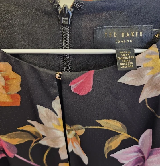 Ted Baker Ossiee Rhubarb Floral Black Flared Sleeves Midi Dress Womens Size 4 - Picture 2 of 5